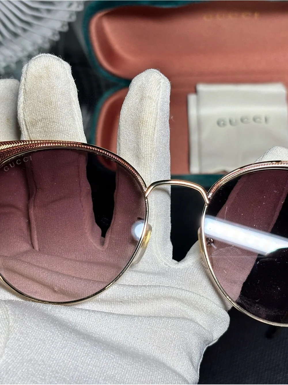 Gucci Gold Frame Pink Lens Round Sunglasses